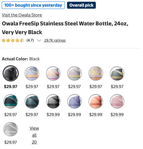 Walmart color picker for the Owala FreeSip 24 oz, with a price under each color swatch: most show $29.97 and four show $29.99, plus a link to view all 20 colors